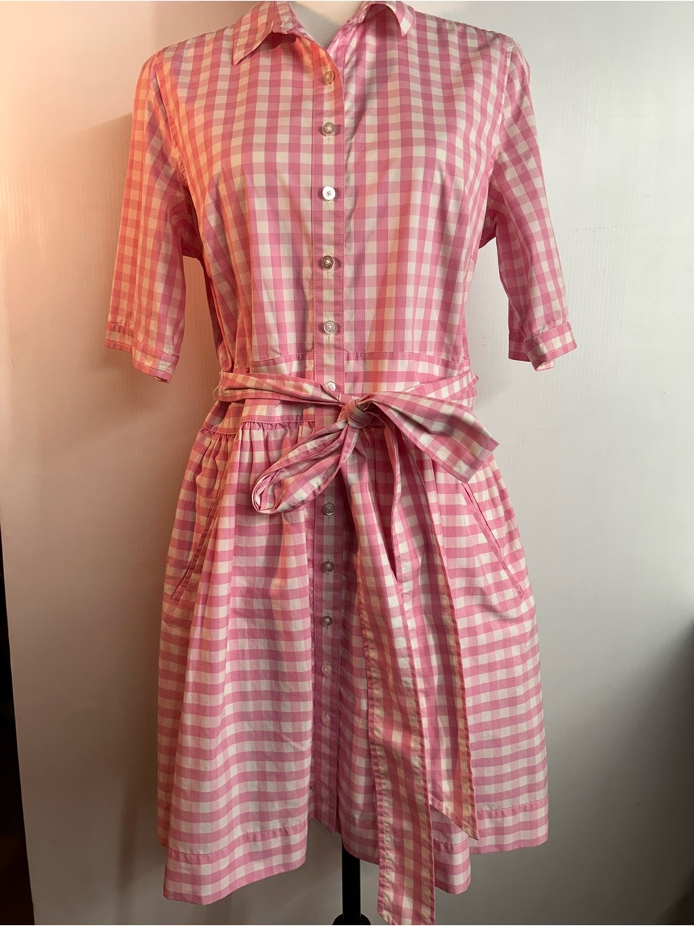 Pink & White Gingham button front belted summer dress 12
